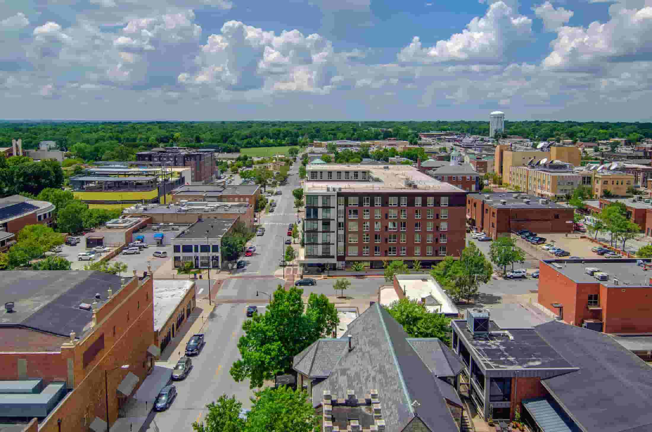 Aerial exterior view of RISE on 9th against Columbia surroundings